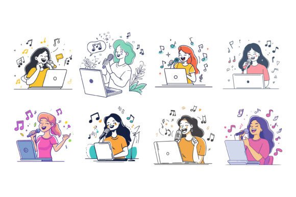 Girl Listening Music with Headphone – AI EPS Illustration Set