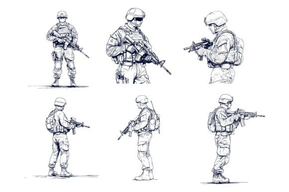 The Strategic Power of Soldiers Standing and Holding Big Guns Vector Art